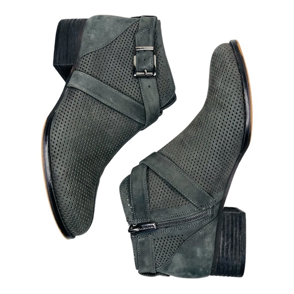 Vince Camuto Casha Gray Perforated Suede Side Zip Buckled Accent Ankle Boot - Picture 2 of 14